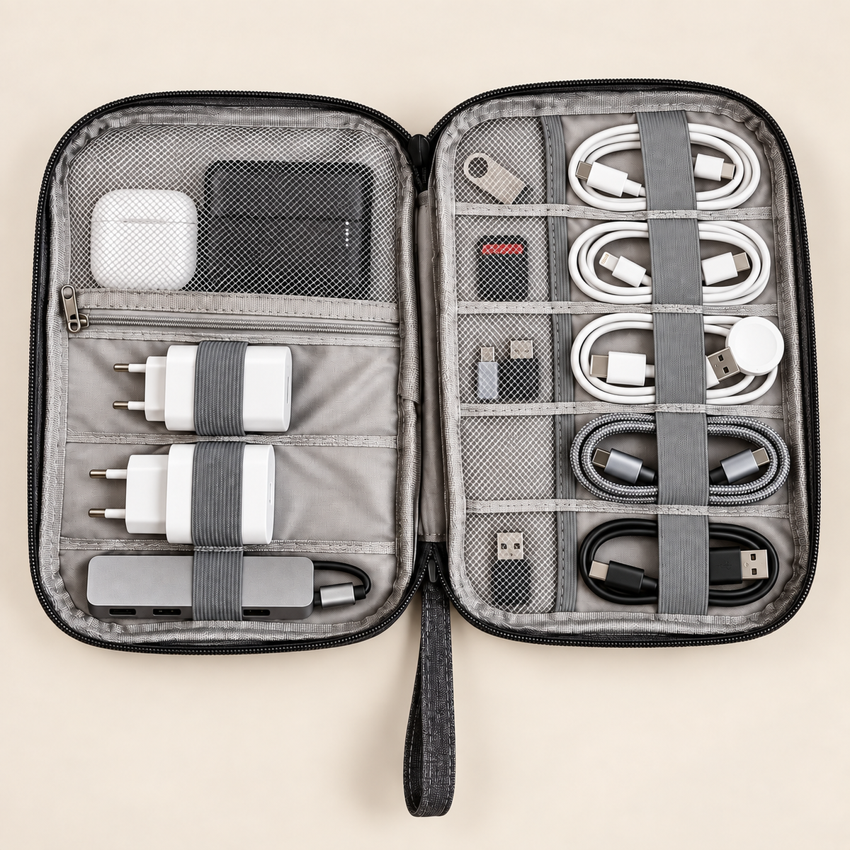 TravelPack Tech cable organizer open and filled with cables