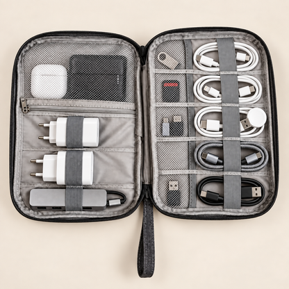 TravelPack Tech cable organizer open and filled with cables