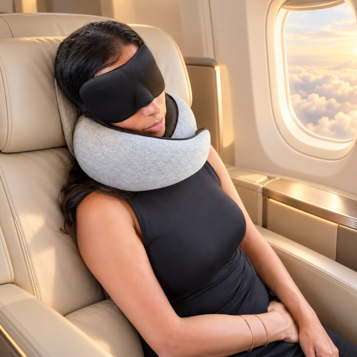 Woman wearing DreamCatcher travel pillow and eye mask on a plane